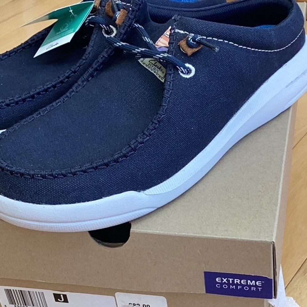 Clarks Driftlite Surf navy blue canvas slip on shoes, men’s size 10 - Picture 7 of 16